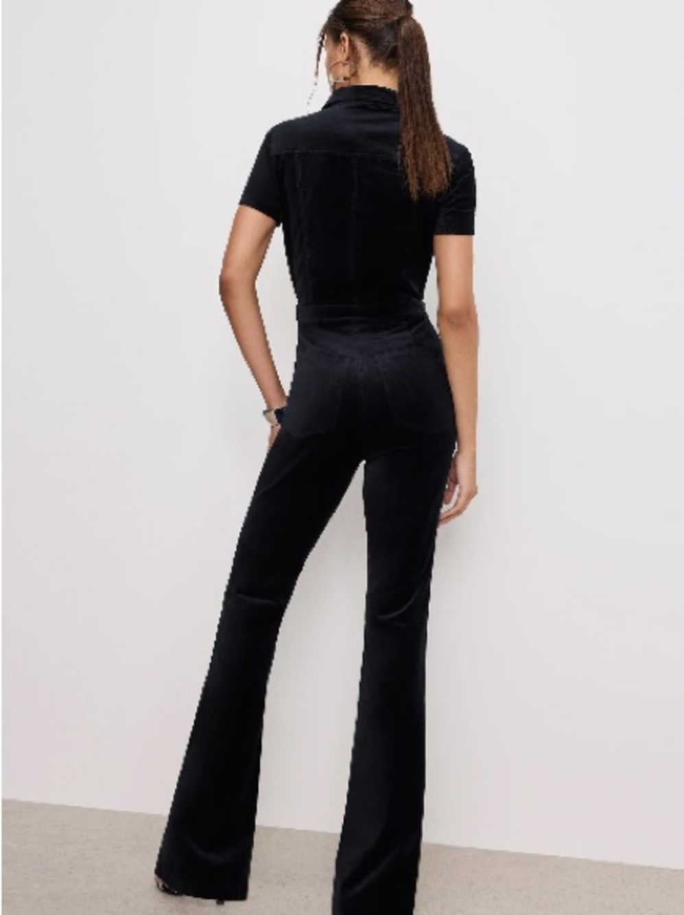 Good American Black Velvet Jumpsuit with Flared Legs Long Inseam 0/2L XS Long - Picture 3 of 8